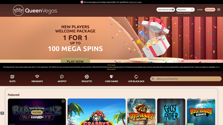 Page d'accueil du casino Queen Vegas (ordinateur de bureau)