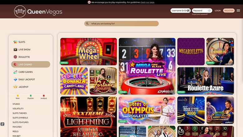 Casino Queen Vegas sur ordinateur avec croupier en direct