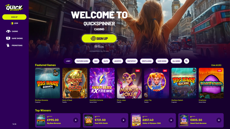 Page d'accueil du casino Quickspinner pour ordinateur