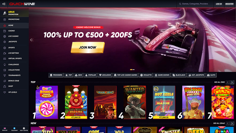 Page d'accueil du casino Quickwin pour ordinateur