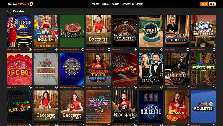 Casinò Live di QuinnBet Casino per Desktop
