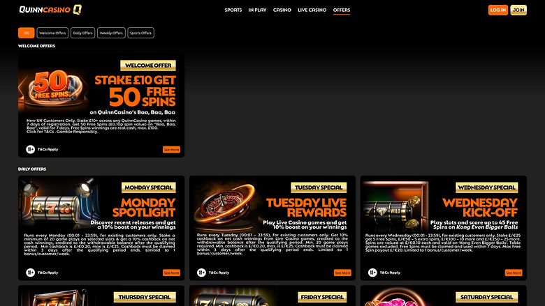 Promozioni desktop del casinò QuinnBet