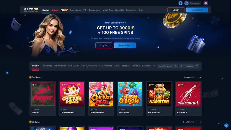 Page d'accueil de Raceup Casino pour ordinateur