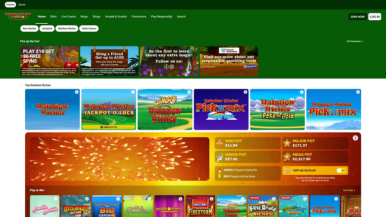 Page d'accueil du casino Rainbow Riches pour ordinateur