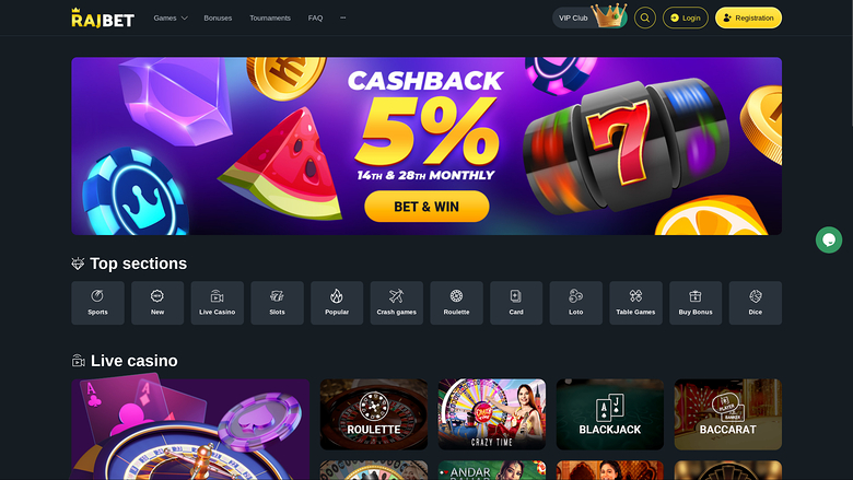 RajBet Casino Desktop-Startseite