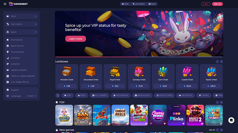 Page d'accueil du casino RamenBet pour ordinateur