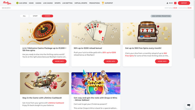 Promozioni desktop del casinò RealSpin