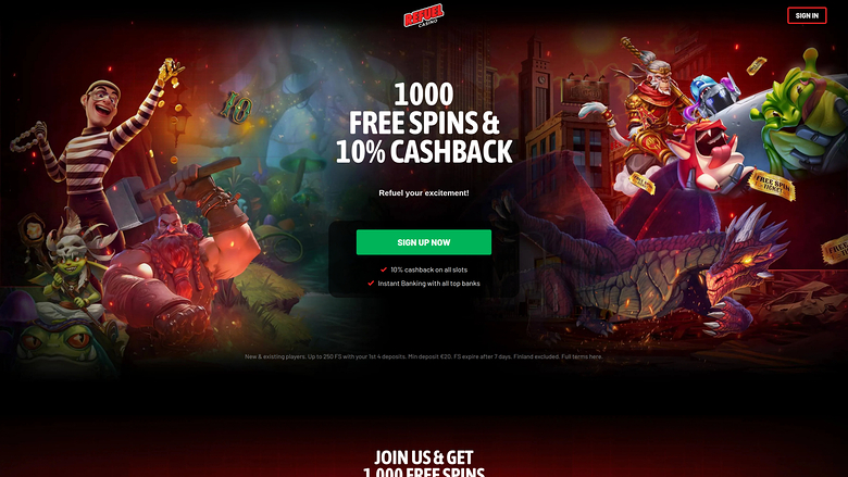 Page d'accueil du casino Refuel (ordinateur)