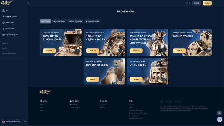 Capture d'écran de la page Promotions du casino Reveryplay