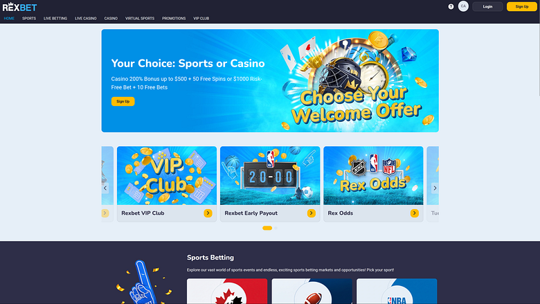 Главная страница казино Rexbet для настольных компьютеров