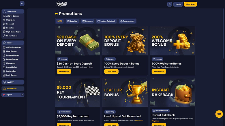 page des promotions du casino ReyBets