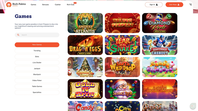 Jeux de casino Rich Palms sur ordinateur