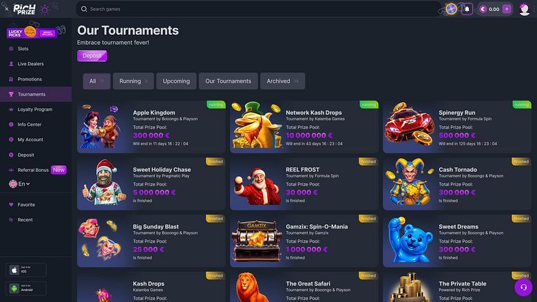 Турниры RichPrize Casino для настольных компьютеров
