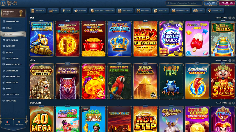 Capture d'écran de la page de jeux du casino Rich Royal