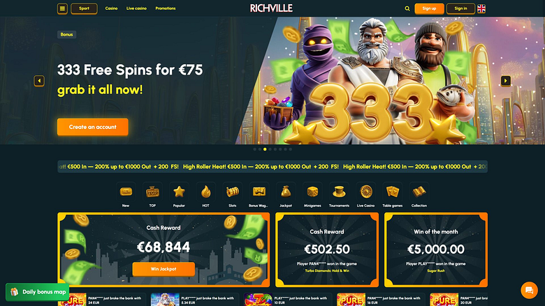 Página inicial do Richville Casino para computador