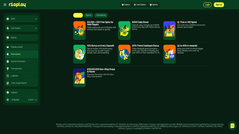 Screenshot delle promozioni di Rioplay Casino per desktop