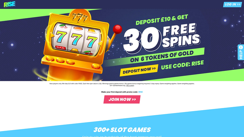 Page d'accueil de Rise Casino pour ordinateur