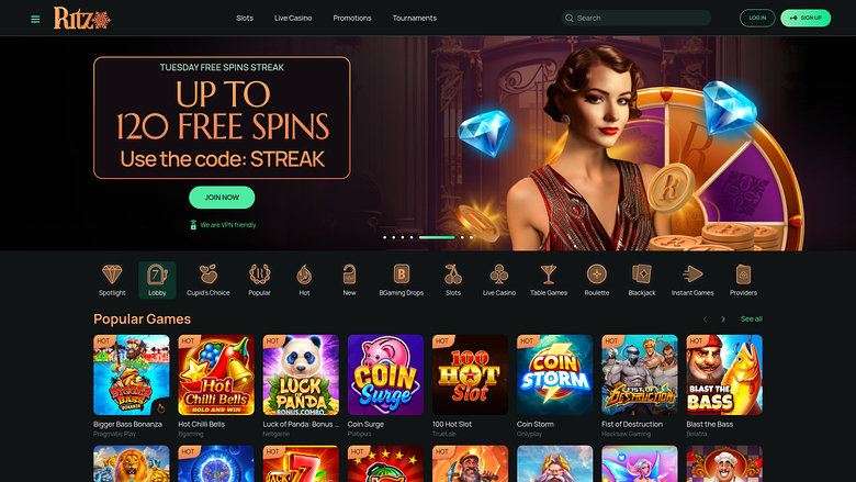 Page d'accueil du casino Ritzo (ordinateur de bureau)