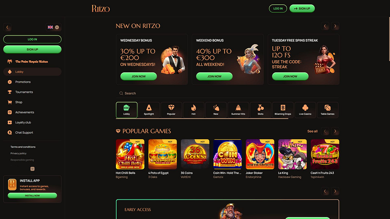 Page d'accueil du casino Ritzo (ordinateur de bureau)