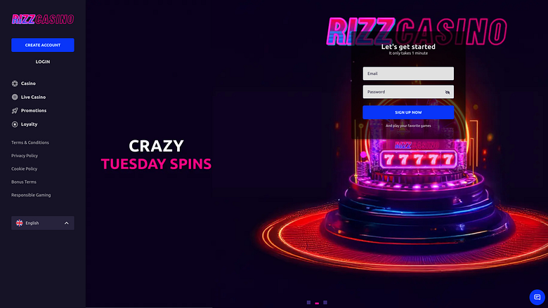 Homepage desktop di Rizz Casino