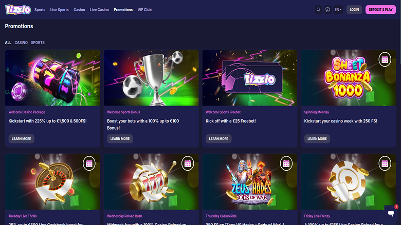 Screenshot der Werbeaktionen von Rizzio.io Casino für Desktop