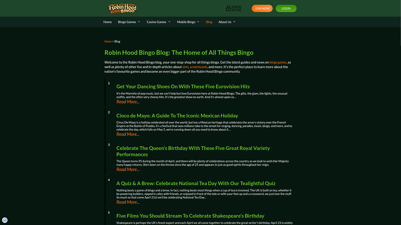 Blog de Robin Hood Bingo Casino pour ordinateur