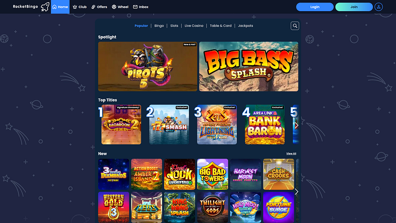 Rocket Bingo Casino Desktop-Spiele
