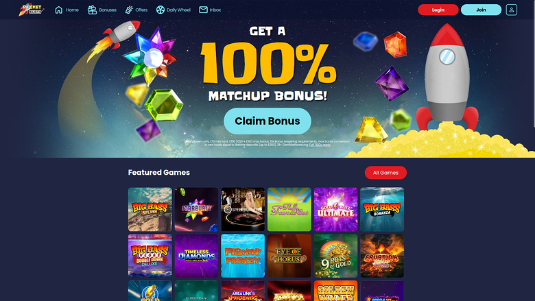 Page d'accueil du casino Rocket Slots pour ordinateur