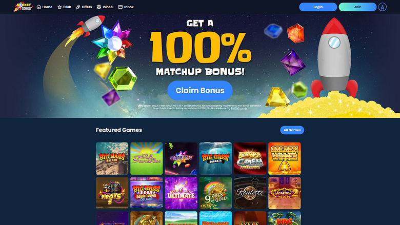 Главная страница казино Rocket Slots для настольных компьютеров