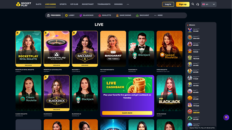 RocketPlay Casino sur ordinateur avec croupier en direct