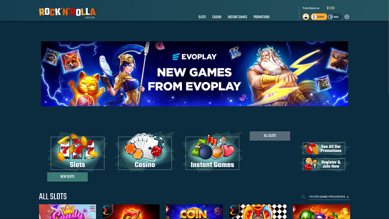 RockNRolla Casino Desktop Homepage