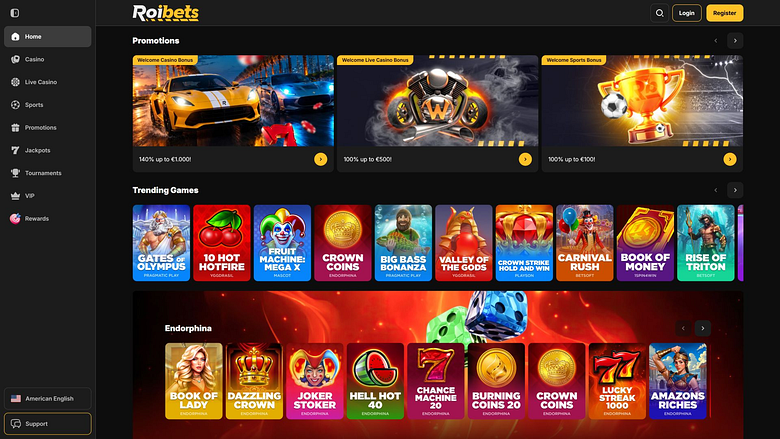 Page d'accueil du casino Roibets pour ordinateur