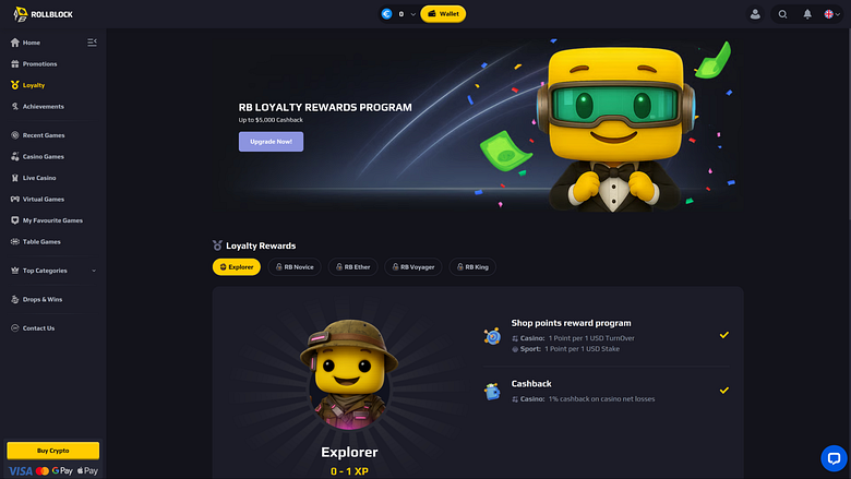 Программа лояльности RollBlock Casino для настольных компьютеров