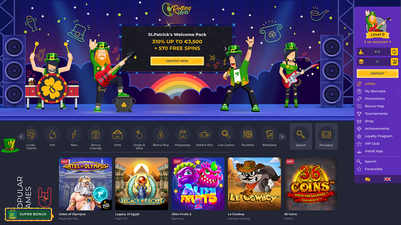 Главная страница казино RollingSlots для настольных компьютеров