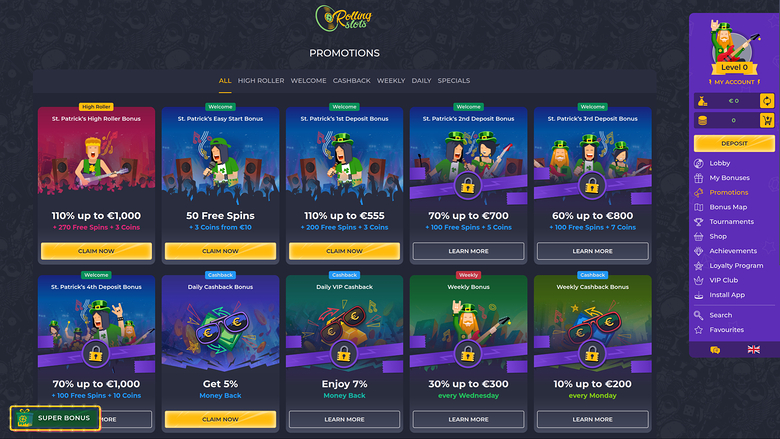 Акции казино RollingSlots для настольных компьютеров