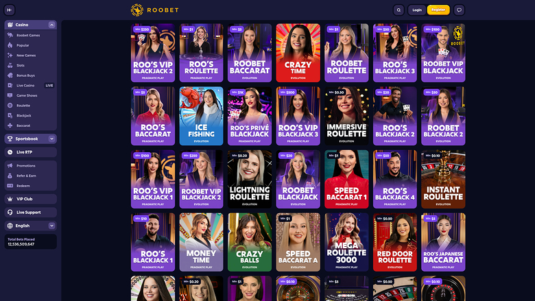 Casino Roobet pour ordinateur avec croupier en direct