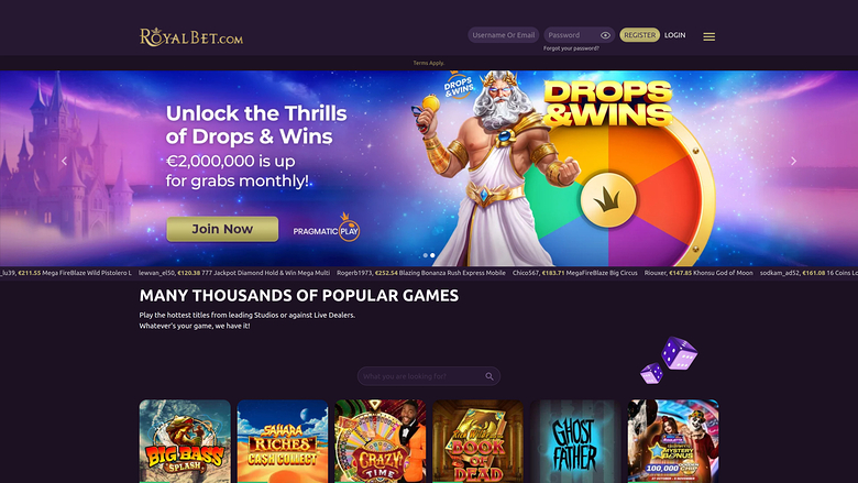 Page d'accueil du casino Royal Bet pour ordinateur