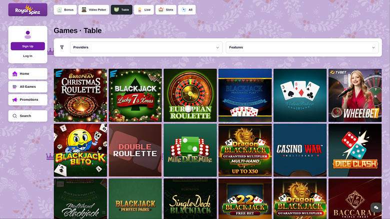 Jeux de table de casino Royal Spinz sur ordinateur