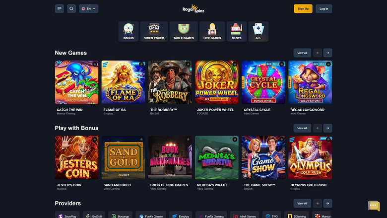 Página inicial do Royal Spinz Casino para computador