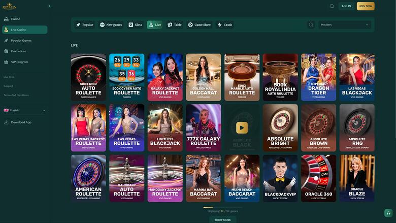 Страница с живым дилером в казино Royalen