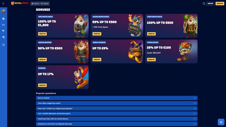 Скриншот страницы акций казино RoyalSpinia.