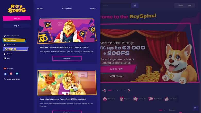 Promociones de escritorio del casino en línea Royspins