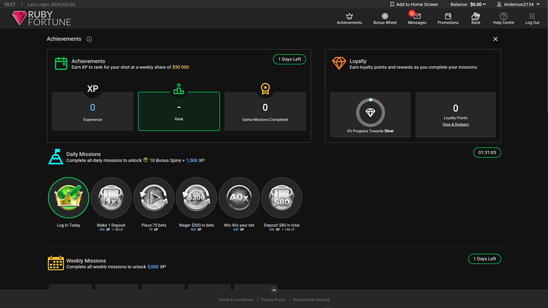 Missioni desktop del casinò Ruby Fortune