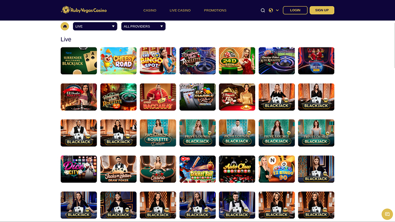 Casinò Ruby Vegas con croupier dal vivo sul desktop