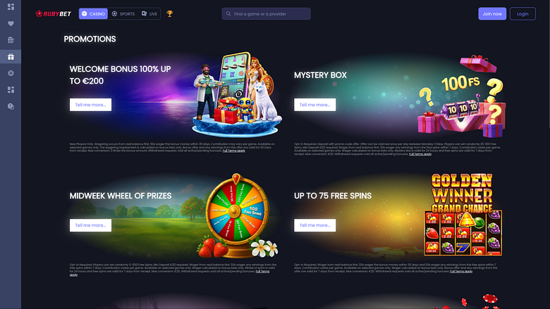 Акции казино Ruby Bet для настольных компьютеров