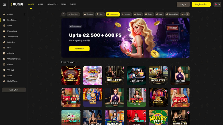 Runa Casino Live-Dealer-Seite