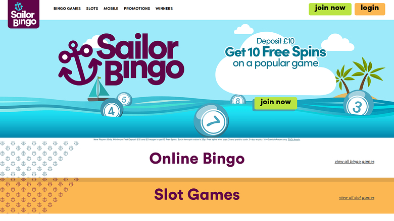 Homepage desktop di Sailor Bingo