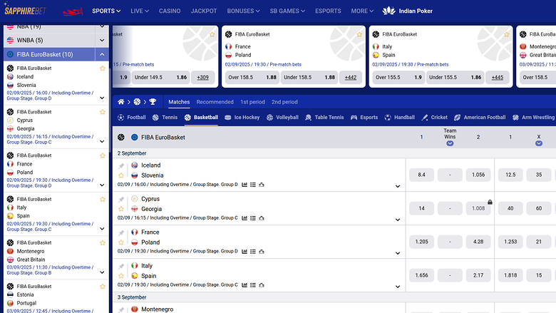 SapphireBet Casino Desktop Sports