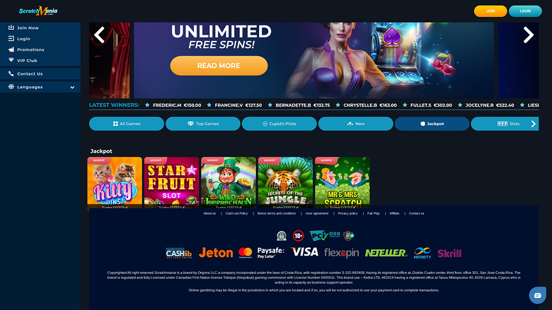 Jackpot du casino ScratchMania sur ordinateur