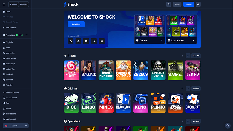 Главная страница Shock Casino для настольных компьютеров